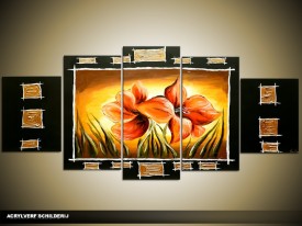 Acryl Schilderij Klaproos | Zwart, Oranje, Geel | 150x70cm 5Luik Handgeschilderd