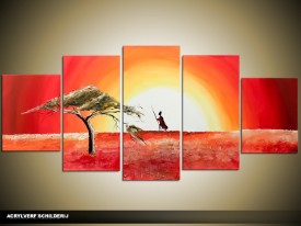 Acryl Schilderij Zonsondergang | Geel, Rood, Oranje | 150x70cm 5Luik Handgeschilderd