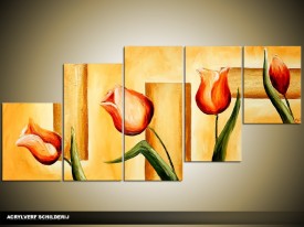 Acryl Schilderij Tulpen | Oranje, Bruin | 150x70cm 5Luik Handgeschilderd