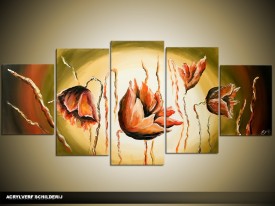 Acryl Schilderij Klaproos | Groen, Bruin, Crème | 150x70cm 5Luik Handgeschilderd