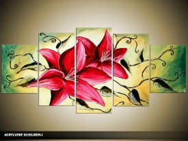 Acryl Schilderij Magnolia | Roze, Geel, Groen | 150x70cm 5Luik Handgeschilderd