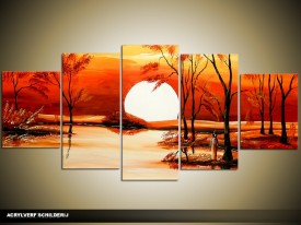 Acryl Schilderij Zonsondergang | Rood, Geel, Oranje | 150x70cm 5Luik Handgeschilderd