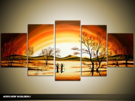 Acryl Schilderij Zonsondergang | Bruin, Oranje, Geel | 150x70cm 5Luik Handgeschilderd