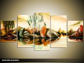 Acryl Schilderij Natuur | Crème, Groen | 150x70cm 5Luik Handgeschilderd