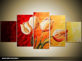 Acryl Schilderij Tulpen | Rood, Geel, Oranje | 150x70cm 5Luik Handgeschilderd