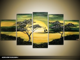Acryl Schilderij Zonsondergang | Groen, Geel | 150x70cm 5Luik Handgeschilderd