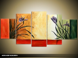 Acryl Schilderij Woonkamer | Rood, Crème, Groen | 150x70cm 5Luik Handgeschilderd