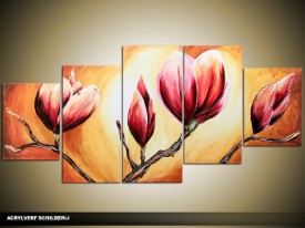 Acryl Schilderij Magnolia | Oranje, Bruin | 150x70cm 5Luik Handgeschilderd