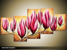 Acryl Schilderij Magnolia | Roze, Bruin, Crème | 150x70cm 5Luik Handgeschilderd