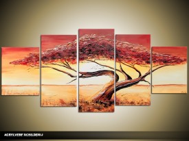 Acryl Schilderij Zonsondergang | Bruin, Crème, Geel | 150x70cm 5Luik Handgeschilderd