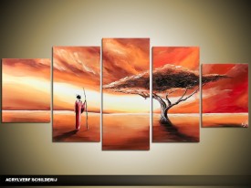 Acryl Schilderij Afrika | Bruin, Crème, Rood | 150x70cm 5Luik Handgeschilderd