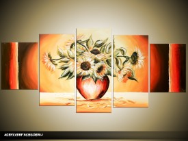 Acryl Schilderij Zonebloem | Oranje, Rood, Geel | 150x70cm 5Luik Handgeschilderd