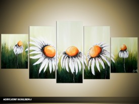 Acryl Schilderij Daisy | Wit, Groen | 150x70cm 5Luik Handgeschilderd