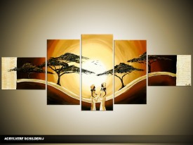 Acryl Schilderij Zonsondergang | Bruin, Geel | 170x70cm 5Luik Handgeschilderd