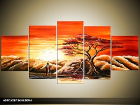 Acryl Schilderij Zonsondergang | Oranje, Geel | 150x70cm 5Luik Handgeschilderd