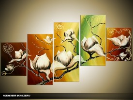Acryl Schilderij Magnolia | Groen, Geel, Bruin | 150x70cm 5Luik Handgeschilderd
