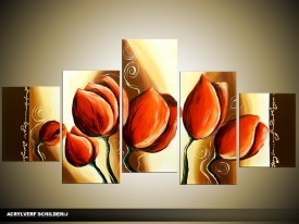 Acryl Schilderij Klaproos | Rood, Bruin | 150x70cm 5Luik Handgeschilderd