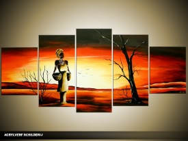 Acryl Schilderij Natuur | Oranje, Zwart, Geel | 150x70cm 5Luik Handgeschilderd
