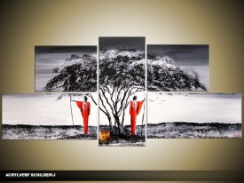 Acryl Schilderij Modern | Grijs, Zwart, Rood | 150x70cm 5Luik Handgeschilderd