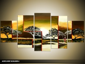 Acryl Schilderij Natuur | Groen, Bruin, Geel | 150x70cm 5Luik Handgeschilderd