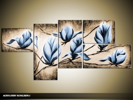 Acryl Schilderij Magnolia | Blauw, Bruin | 160x70cm 5Luik Handgeschilderd