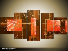 Acryl Schilderij Modern | Bruin, Rood | 150x70cm 5Luik Handgeschilderd