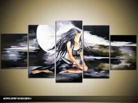 Acryl Schilderij Art | Zwart, Grijs | 150x70cm 5Luik Handgeschilderd