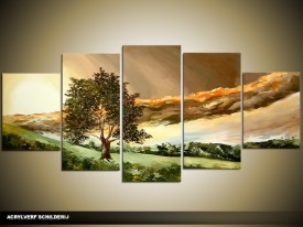 Acryl Schilderij Natuur | Groen, Bruin, Crème | 150x70cm 5Luik Handgeschilderd