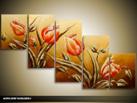 Acryl Schilderij Tulpen | Bruin, Rood | 150x70cm 5Luik Handgeschilderd