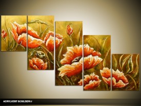 Acryl Schilderij Klaproos | Groen, Oranje | 150x70cm 5Luik Handgeschilderd