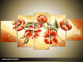 Acryl Schilderij Klaproos | Rood, Bruin, Crème | 150x70cm 5Luik Handgeschilderd