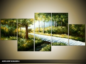 Acryl Schilderij Natuur | Groen, Blauw | 150x70cm 5Luik Handgeschilderd