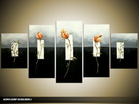 Acryl Schilderij Roos | Zwart, Grijs | 150x70cm 5Luik Handgeschilderd