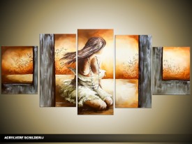 Acryl Schilderij Slaapkamer | Bruin, Grijs | 150x70cm 5Luik Handgeschilderd