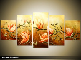 Acryl Schilderij Magnolia | Oranje, Geel, Bruin | 150x70cm 5Luik Handgeschilderd