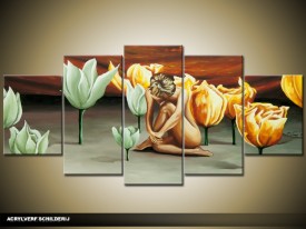 Acryl Schilderij Modern | Bruin, Groen, Geel | 150x70cm 5Luik Handgeschilderd