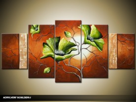 Acryl Schilderij Modern | Bruin, Groen, Crème | 150x70cm 5Luik Handgeschilderd