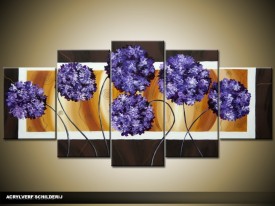 Acryl Schilderij Modern | Blauw, Bruin, Crème | 150x70cm 5Luik Handgeschilderd