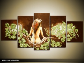 Acryl Schilderij Slaapkamer | Bruin, Groen | 150x70cm 5Luik Handgeschilderd