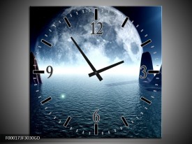 Wandklok op Glas Maan | Kleur: Blauw, Wit, Grijs | F000173CGD