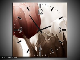 Wandklok op Glas Tulpen | Kleur: Bruin, Wit, Grijs | F002519CGD