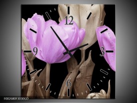Wandklok op Glas Tulp | Kleur: Paars, Zwart, Grijs | F002680CGD