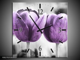 Wandklok op Glas Tulpen | Kleur: Paars, Grijs, Wit | F002792CGD