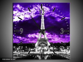 Wandklok op Canvas Eiffeltoren | Kleur: Grijs, Paars, Zwart | F003006C