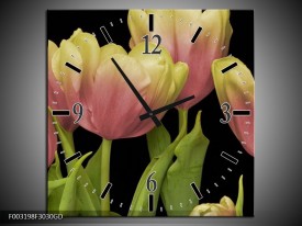 Wandklok op Glas Tulpen | Kleur: Roze, Zwart, Wit | F003198CGD