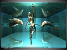 Glas schilderij Dolfijn | Blauw, Goud, Bruin