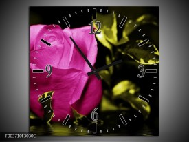 Wandklok op Canvas Roos | Kleur: Roze, Groen, Zwart | F003710C