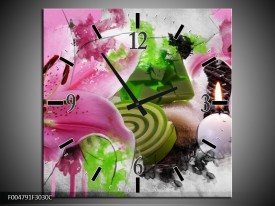 Wandklok op Canvas Bloem | Kleur: Roze, Groen, Wit | F004791C
