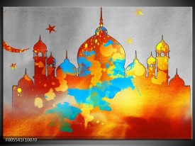 Glas schilderij Gebouw | Grijs, Oranje, Blauw