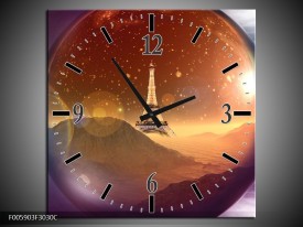 Wandklok op Canvas Eiffeltoren | Kleur: Paars, Goud, Bruin | F005903C
